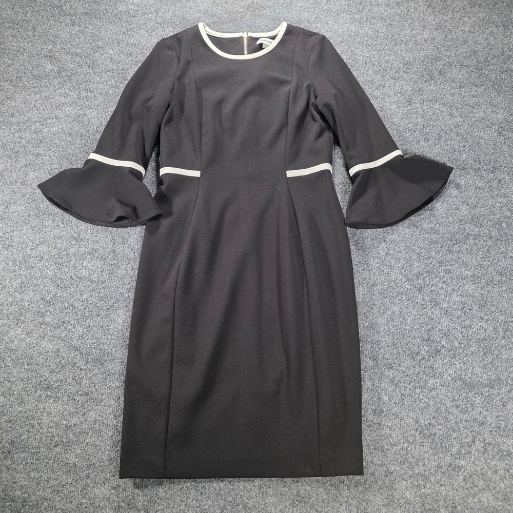 Calvin Klein Sheath Dress Bell Sleeve Work‎ 8Black White Piping Size 6 Womens